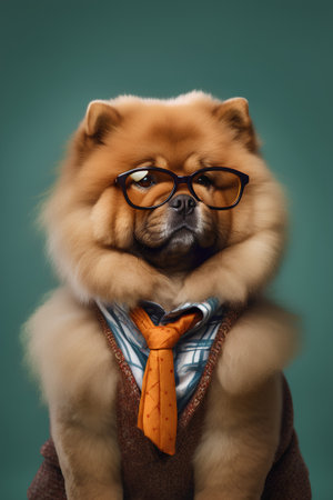 Cute chow chow dog wearing glasses and bowtie.の素材