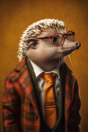Hedgehog in a suit and glasses on a yellow background.の素材