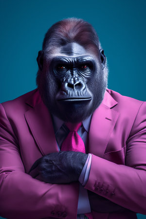 Portrait of a serious gorilla in a pink suit on a blue backgroundの素材