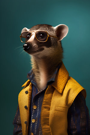 Portrait of a raccoon in a yellow jacket and sunglasses.の素材