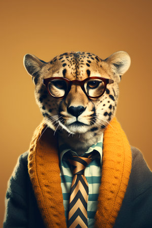 Portrait of a leopard wearing glasses and a coat. Studio shot.の素材