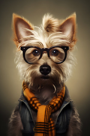 Portrait of a cute yorkshire terrier wearing glasses and scarfの素材