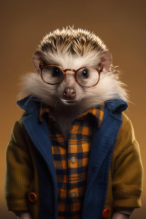 Portrait of a funny little hedgehog in a jacket and glassesの素材