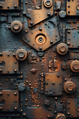 Rusty metal background with rivets and bolts, close-upの素材