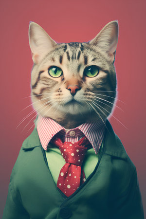 Portrait of a cat wearing a red bow tie and a green shirt.の素材