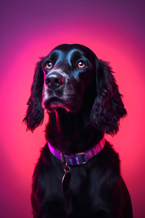 Portrait of a spaniel dog on a pink background. Studio shot.の素材