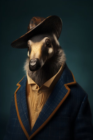 Portrait of a boar in a blue suit and hat.の素材