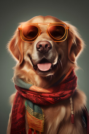 Cute golden retriever dog wearing sunglasses and scarf. Closeup portrait.の素材