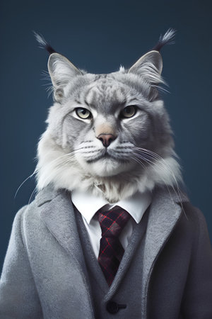 Portrait of a cat in a jacket and tie on a blue backgroundの素材