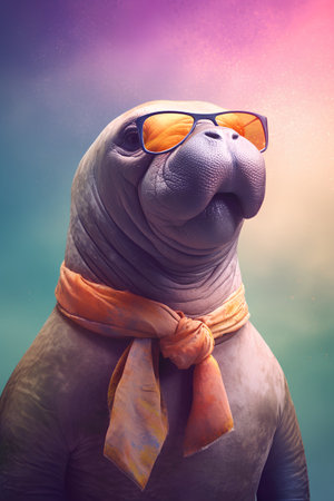 Hippopotamus with orange scarf and orange sunglasses on a colorful backgroundの素材