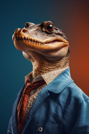 Funny crocodile in blue shirt and red tie on dark backgroundの素材