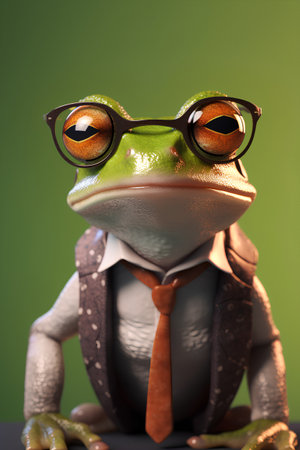 Funny frog wearing a tie and glasses. 3d illustration.の素材