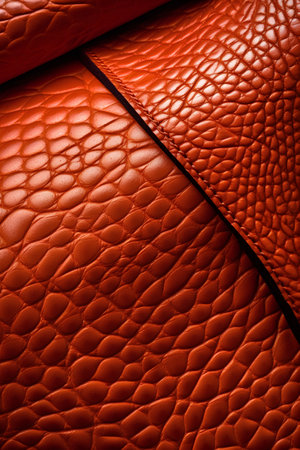 Red leather texture background. Close-up of leather upholstery.の素材