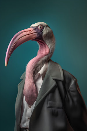 Portrait of a stork in a jacket on a blue backgroundの素材