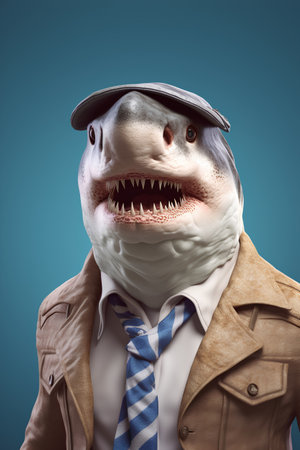Shark in jacket, tie and cap on a blue background.の素材