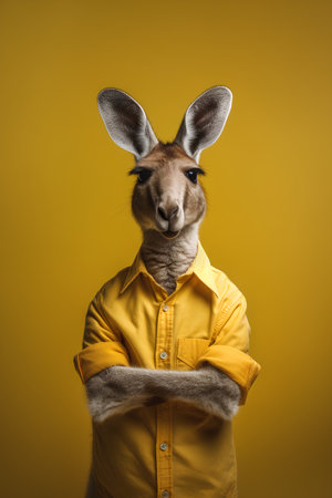 Funny kangaroo in a yellow shirt. Portrait on a yellow background.の素材