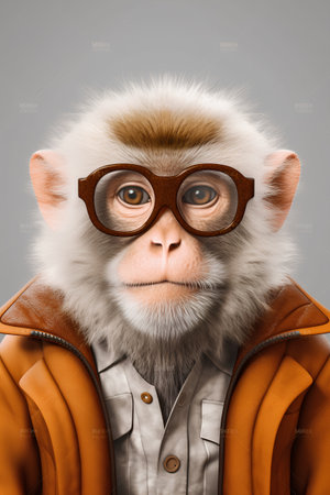 Portrait of a monkey in a jacket and glasses on a gray backgroundの素材