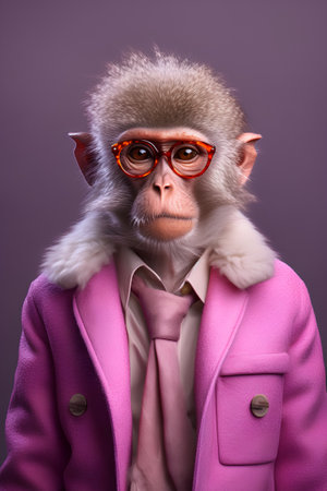 Portrait of a monkey in a pink coat and red glasses.の素材