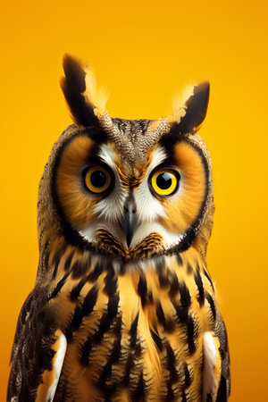 Portrait of an owl on a yellow background. Bird of prey.の素材