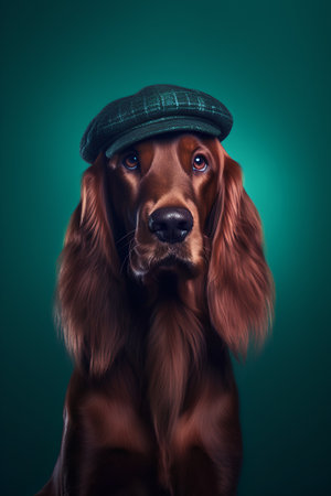 Irish setter dog in a cap on a dark green background.の素材