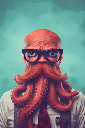 Funny nerd man with big octopus on his head. Toned.の素材