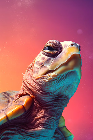 Turtle on a colorful background. 3d render. Toned.の素材