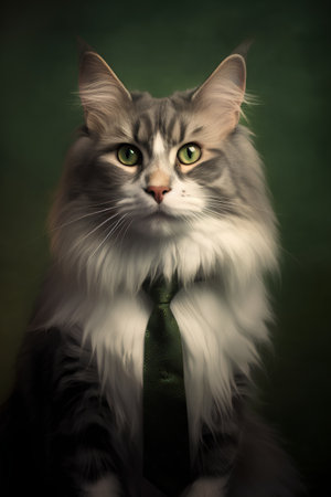 Portrait of a Maine Coon cat wearing a green tie.の素材