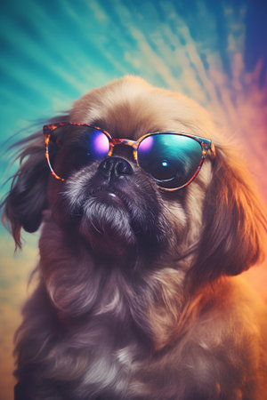 Cute little pekingese dog with sunglasses on colorful background.の素材