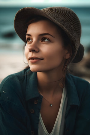 Portrait of a beautiful young woman in hat on the beach.の素材