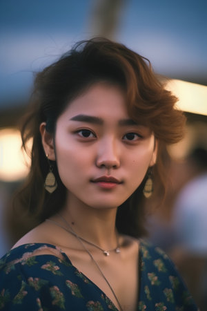 Portrait of a beautiful asian woman in the city at sunsetの素材