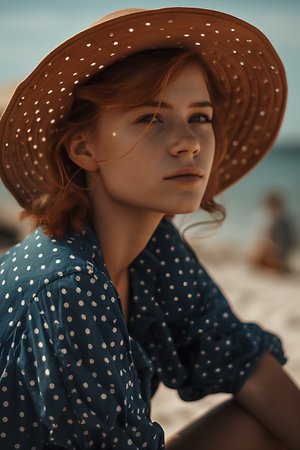 Portrait of a beautiful red-haired girl in a hat on the beach.の素材