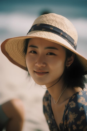 Portrait of young beautiful asian woman in hat on the beachの素材