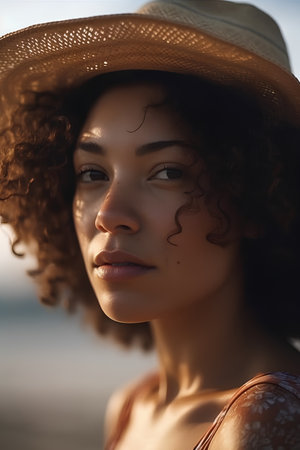 Portrait of a beautiful young woman with curly hair on the beachの素材