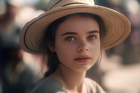 Portrait of a beautiful girl in a straw hat on the street.の素材