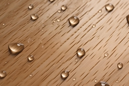 Water drops on wooden surface. Shallow DOF, shallow DOF.の素材