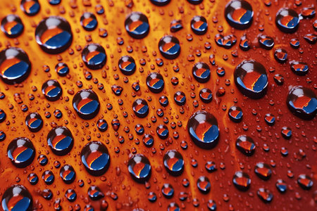 Water drops on a red background. Shallow depth of field.の素材