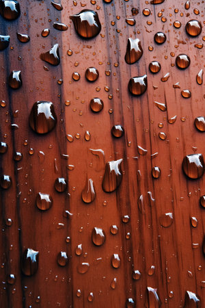 Water drops on wooden surface. Water drops on wood texture background.の素材