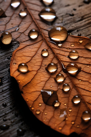 Leaf with water drops on rustic wooden background, close upの素材