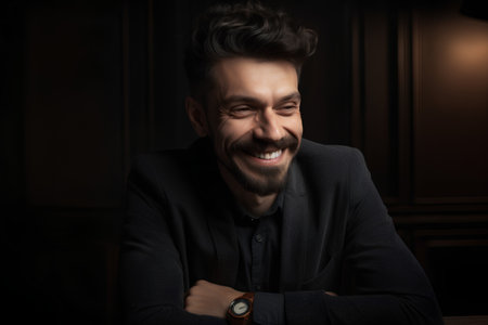 Portrait of a handsome young man sitting at a table and smilingの素材