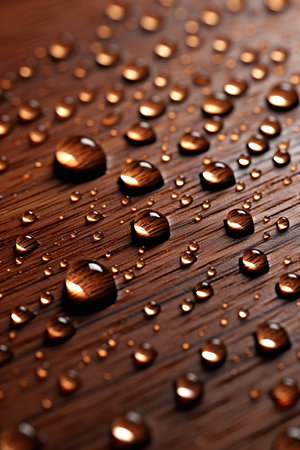 Water drops on a wooden surface. Shallow depth of field.の素材