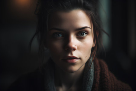 Portrait of a beautiful young woman with blue eyes in a dark roomの素材