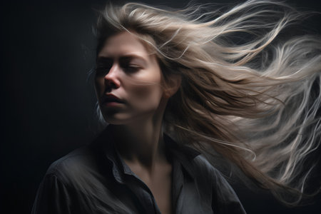 Portrait of a beautiful young woman with flying hair on black backgroundの素材
