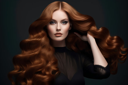 Beautiful young woman with long curly red hair. Portrait of a fashion model.の素材