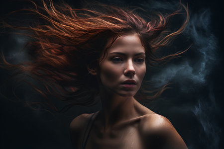 Portrait of a beautiful woman with flying hair on a dark backgroundの素材