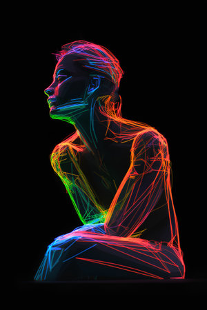 Cyborg woman in neon light. Artificial intelligence concept. 3D Renderingの素材