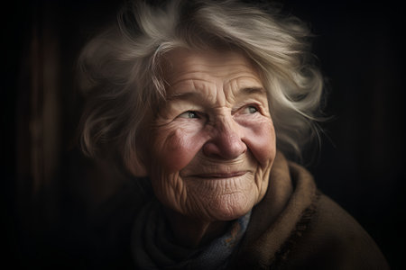 Portrait of an elderly woman on dark background. Toned.の素材