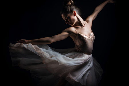 Beautiful female ballet dancer in white dress. Studio shot on black backgroundの素材