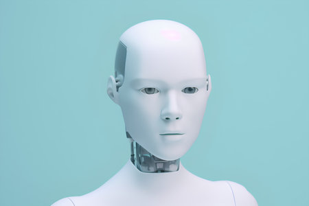 3d rendering of a robot head with white skin on blue backgroundの素材