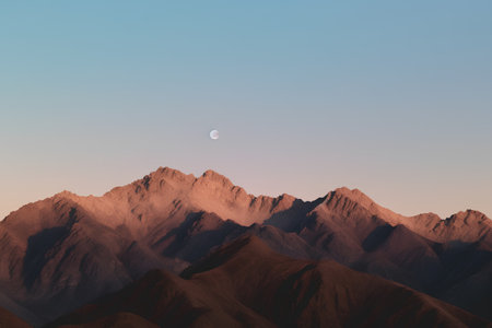 Mountain landscape at sunset with moon. 3d render illustration.の素材