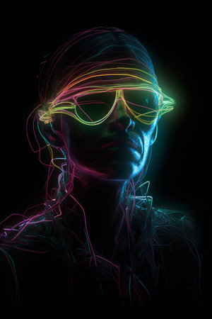 3d rendering of a man wearing glasses with colorful lights on his faceの素材